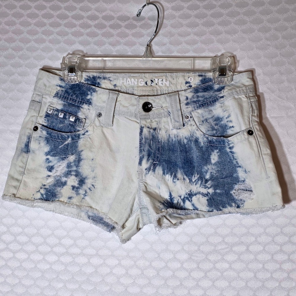 Hang Ten Acid Wash Tie Dye Denim Shorts Studded Cut Off Blue White Juniors 5